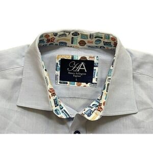 Henry Arlington England Shirt Men's Large Blue Button Geometric Collar And Cuffs